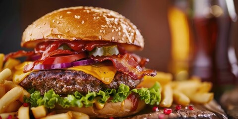 Sticker - Classic Beef Burger with Cheddar Cheese Bacon Vegetables and French Fries