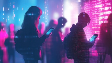 Poster - Individuals are focused on their smartphones with heads bowed, immersed in a vibrant digital environment that feels isolating. Generative AI