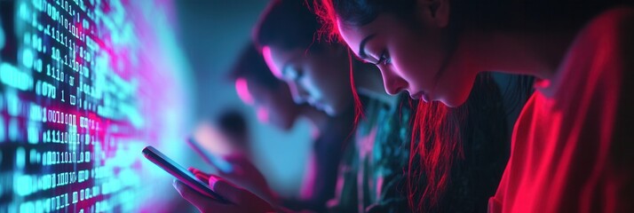 Poster - People are focused on their smartphones amidst a backdrop of digital numbers and codes, reflecting isolation in a virtual world. Generative AI