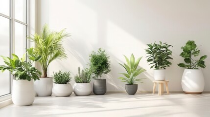 31080800 61 Plant-filled Living Room: Bright living room with white walls wooden floors and a variety of indoor plants in stylish vases. --ar 16:9 --v 6.1 Job ID: 6780b3c4-a89a-4fad-a155-260566575c9b