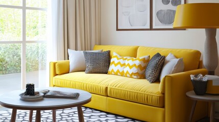 Wall Mural - Elegant and Cozy Living Room with Yellow Sofa and Warm Color Palette