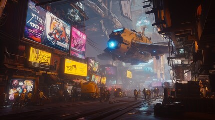 Vibrant futuristic cyberpunk scene featuring a bustling cityscape with bright neon signs and a hovering spacecraft.