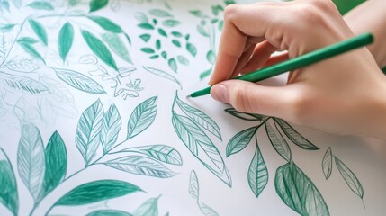 Wall Mural - Creative Hand Drawing of Green Leaves