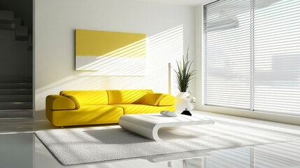 Wall Mural - Sleek Minimalist Living Room with Yellow Sofa and White Walls