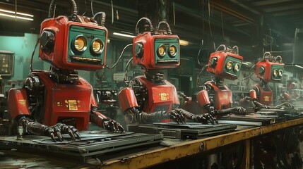 Poster - robotic assembly line workers diligently engaged in manufacturing tasks within a modern factory sett
