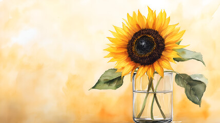 Canvas Print - A single sunflower in a glass vase with a yellow watercolor background - perfect for summer decorations and floral designs.