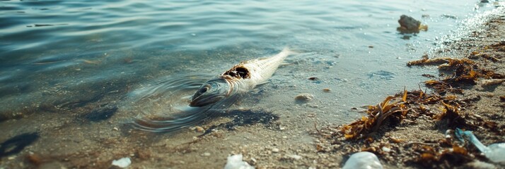 Poster - A dead fish lies on the shore while plastic waste floats on water, overshadowed by oil spills and damaged coral reefs nearby. Generative AI