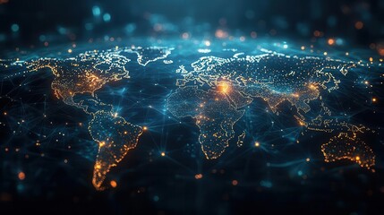 abstract visualization of global data network glowing lines connect points on translucent world map conveying concept of international connectivity and information flow in digital age