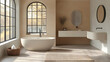 © Siasart - Modern bathroom design featuring a freestanding tub and natural light.