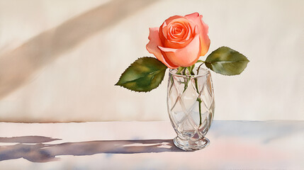 Poster - A Single Peach Rose in a Glass Vase - Beautiful Watercolor Artwork