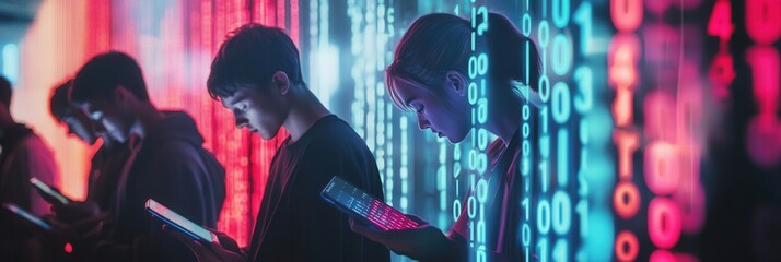 Poster - Individuals focus on their smartphone screens, surrounded by swirling digital codes, highlighting a sense of detachment in this modern world. Generative AI