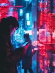 Poster - Individuals with bowed heads are focused on their smartphones, surrounded by digital numbers and codes, conveying a sense of isolation. Generative AI