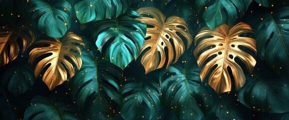 Wall Mural - Tropical leaves with gold accents in a lush green jungle setting.