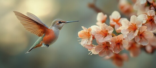 Poster - Hummingbird in Flight Near Pink Flowers