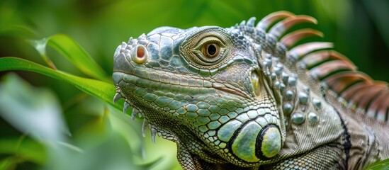 A Large Green Iguana Up Close Large Green Iguana On A Green Background