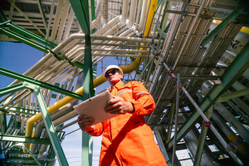 a man worker engineer conducts a site inspection at an industrial facility of gas and oil petroleum industry with utilizing a tablet for data management. technology and safety in maintaining operation