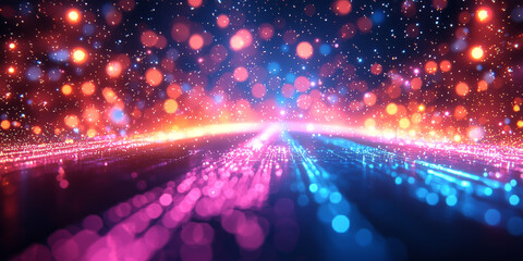 Wall Mural - Abstract background with glowing lights and bokeh effects in vibrant pink, blue, and orange hues.