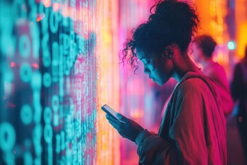 Poster - Individuals bow their heads, absorbed in their smartphones, amidst vibrant codes and numbers, symbolizing isolation in a digital world. Generative AI