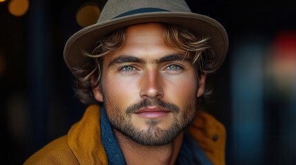 Wall Mural - charismatic young man in urban setting wearing a stylish hat and casual attire natural lighting accentuates his confident pose and expressive features capturing a sense of modern masculinity