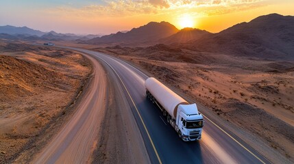 Aerial shot of a tanker truck convoy transporting oil with a long road stretching through desert terrain