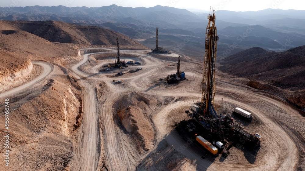 Aerial view of an oil field with multiple drilling rigs, surrounded by ...