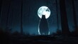 © SITTAKAN - Ghostly werewolf figure in the dark forest with full moon, flat design, front view, eerie night theme, 3D render, vivid colors