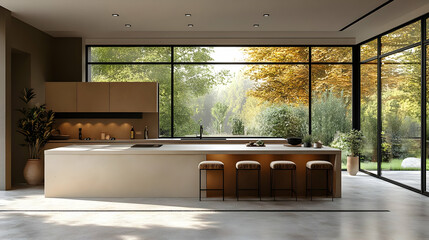 Wall Mural - Modern kitchen with large windows overlooking a serene landscape.