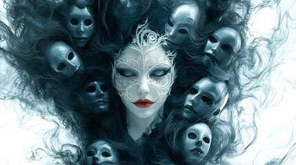 Ghostly queen surrounded by swirling Halloween masks, detailed digital painting, haunting and majestic, isolated on white background