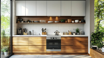 Wall Mural - Modern kitchen with wooden accents and natural light.