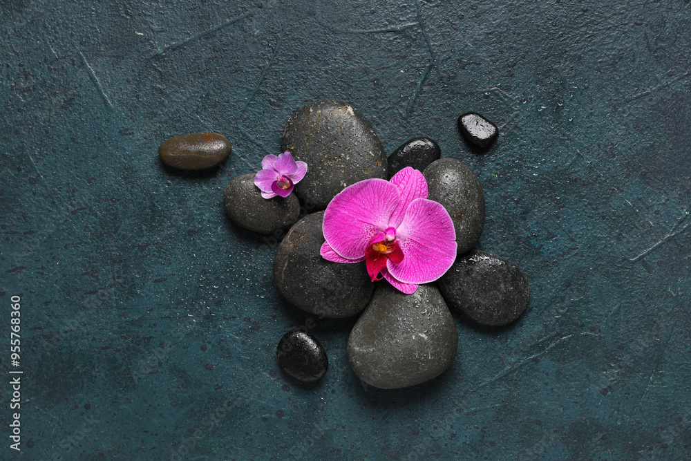 Spa stones and orchid flowers on dark background