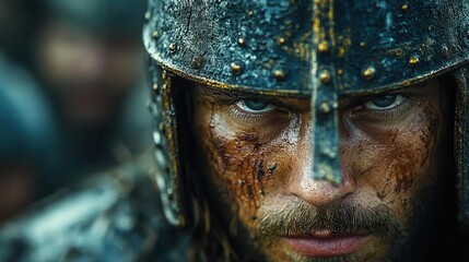 closeup portrait of a battlehardened ancient warrior piercing eyes gleam beneath a weathered helmet intricate armor adorns his muscular frame ready for combat