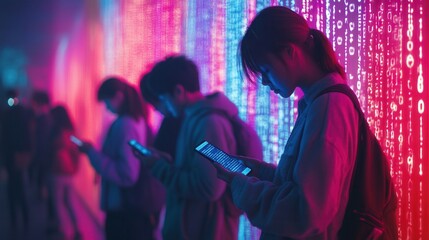Poster - Individuals stand with bowed heads, focused on their smartphones amid vibrant digital codes, illustrating isolation in a tech-driven environment. Generative AI