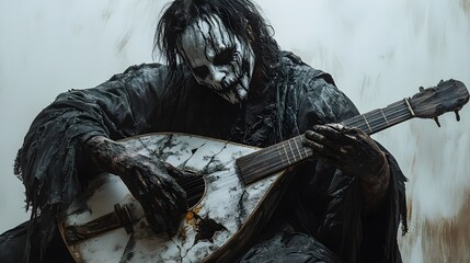 Wall Mural - Haunted minstrel with a shattered lute, eerie Halloween party masks, dramatic lighting, gothic horror art, isolated on white background