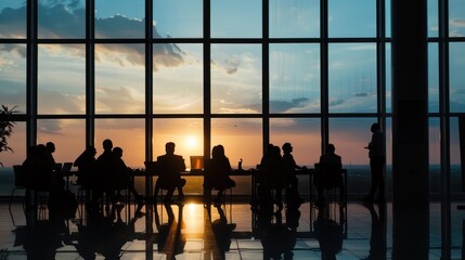 Sticker - Silhouettes of People in a Meeting Room with a Sunset View