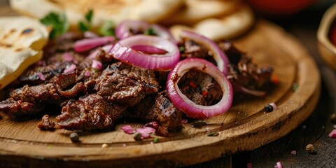 Wall Mural - Close up view of fried beef meat with red onion rings sauce and pita bread on a wooden board with a shallow depth of field Beef meat and onion in focus