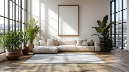 Modern living room with natural light and indoor plants.