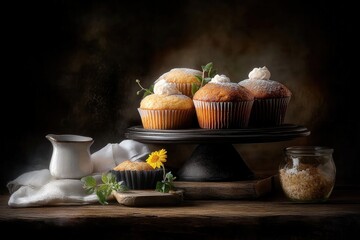 Wall Mural - freshly baked muffins with frosting and rustic decor