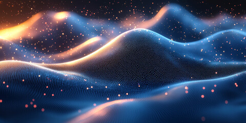 Wall Mural - Abstract digital landscape with glowing particles. A digital landscape made of blue and orange particles. 