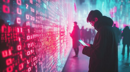 Aufkleber - People stand with bowed heads, engrossed in smartphones while surrounded by vibrant digital codes, reflecting modern isolation. Generative AI