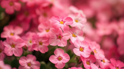 Sticker - Close up of pink flowers with yellow centers, soft focus, floral background.