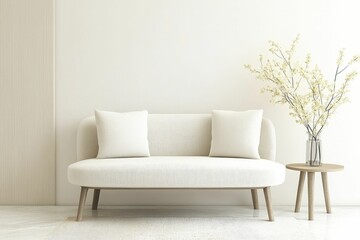 Canvas Print - A minimalist living room with a white sofa and a wooden side table adorned with a vase of blooming white branches