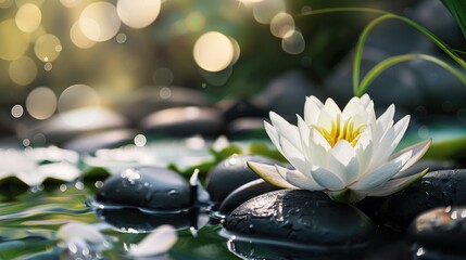 Poster - White Water Lily on Black Stones