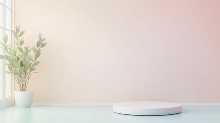 Poster - A minimalist room with a potted plant by the window and a round platform on the floor