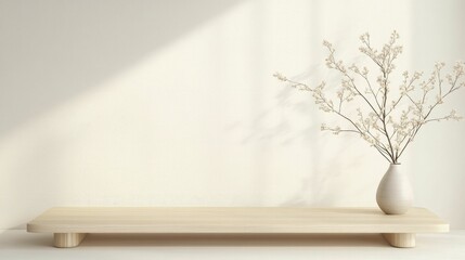 Sticker - A minimalist vase with delicate white flowers sits on a wooden surface bathed in soft natural light