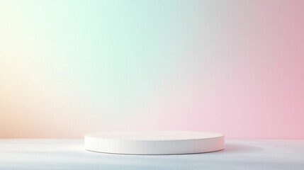 Canvas Print - A minimalist white circular pedestal illuminated by soft pastel lighting