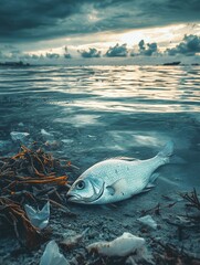 Aufkleber - A dead fish is seen resting on the shore, surrounded by floating plastic and oil slicks, signaling environmental degradation. Generative AI