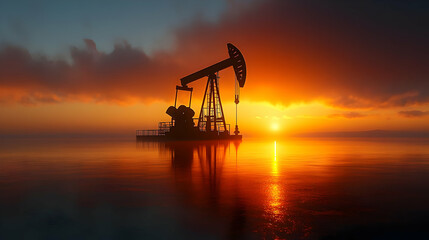 Oil pump silhouetted against a vibrant sunset over calm waters.