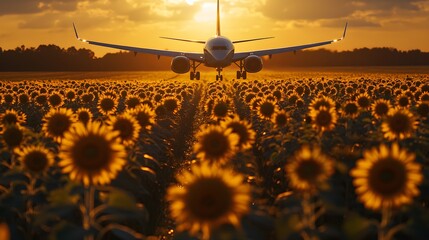 A sleek, modern airplane cruising above a sunflower field at sunrise, the golden rays of light illuminating the petals and casting long shadows on the ground