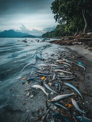 Aufkleber - The coastline is marred by dead fish, floating plastic debris, oil spills, and damaged coral reefs, illustrating environmental degradation. Generative AI