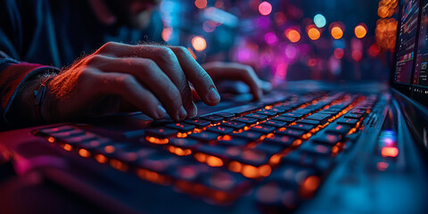 Canvas Print - Closeup of a man's hands typing on a backlit keyboard, with a blurry background of colorful lights. 